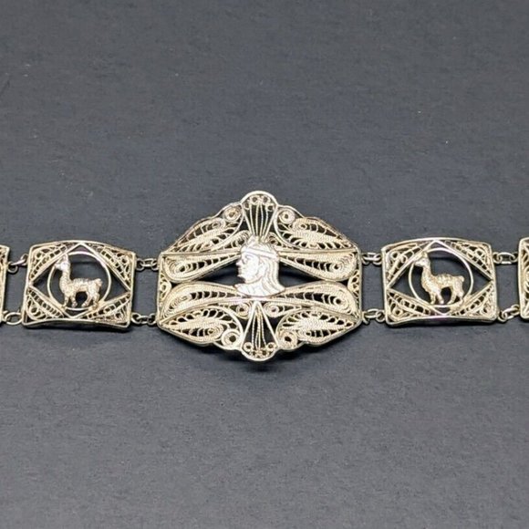 Vintage Silver Filigree Egyptian Llama Story Teller Panel Link 900 Bracelet Cuff - Picture 9 of 9